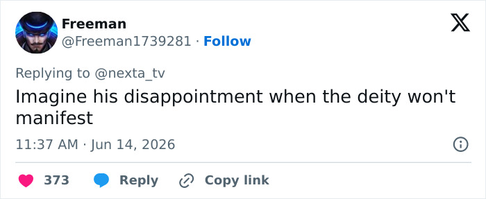 A tweet from Freeman commenting on the man's extreme act of devotion, expressing skepticism about the ritual's outcome. A tweet from Freeman commenting on the man's extreme act of devotion, expressing skepticism about the ritual's outcome.