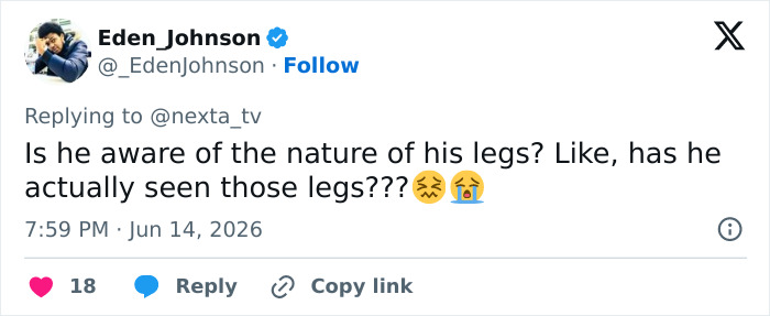 A tweet by Eden Johnson, showing concern and shock about the man standing for 5 years and the condition of his legs. A tweet by Eden Johnson, showing concern and shock about the man standing for 5 years and the condition of his legs.