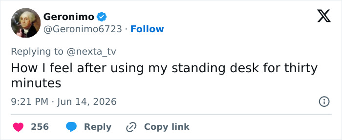 A tweet by Geronimo about standing for 5 years, expressing fatigue after thirty minutes at a standing desk. A tweet by Geronimo about standing for 5 years, expressing fatigue after thirty minutes at a standing desk.