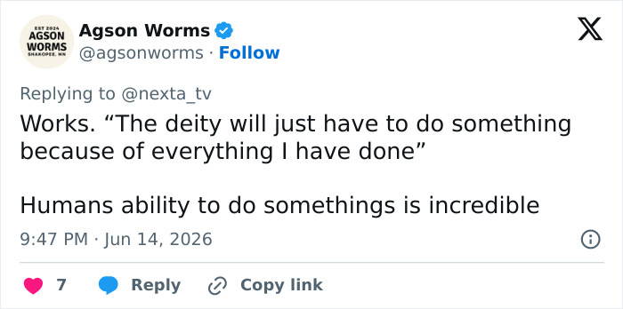 A tweet by Agson Worms discusses extreme acts of devotion and human ability to do incredible things. A tweet by Agson Worms discusses extreme acts of devotion and human ability to do incredible things.