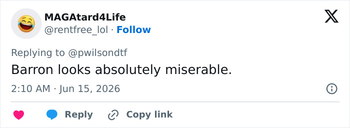 Tweet saying Barron Trump looks absolutely miserable after UFC appearance Tweet saying Barron Trump looks absolutely miserable after UFC appearance