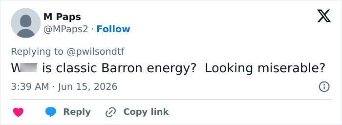 Screenshot of tweet discussing Barron Trumps look and energy Screenshot of tweet discussing Barron Trumps look and energy