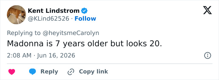 A tweet by Kent Lindstrom about Madonna's age, referencing beauty standards and transformation. A tweet by Kent Lindstrom about Madonna's age, referencing beauty standards and transformation.