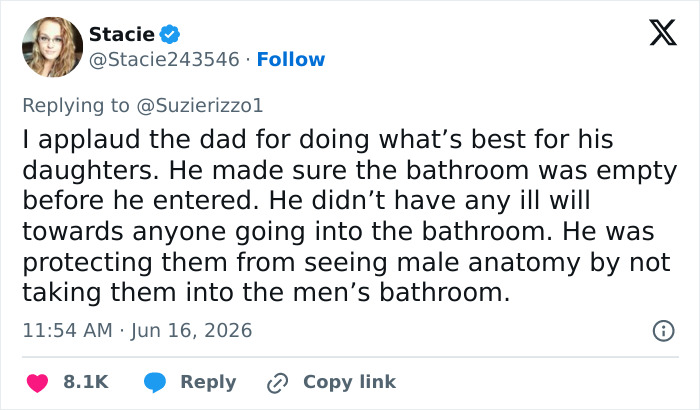Tweet praising dad for protecting daughters in restroom with male Karen harassment Tweet praising dad for protecting daughters in restroom with male Karen harassment