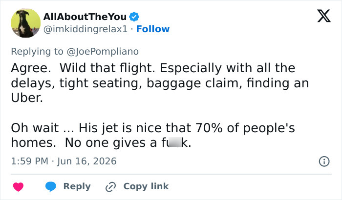 Tweet by AllAboutTheYou noting the World Cup boss's hypocritical act with a private jet, contrasting with typical travel. Tweet by AllAboutTheYou noting the World Cup boss's hypocritical act with a private jet, contrasting with typical travel.