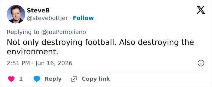 Tweet accusing World Cup Boss of destroying football and the environment, emphasizing the soccer scandal. Tweet accusing World Cup Boss of destroying football and the environment, emphasizing the soccer scandal.
