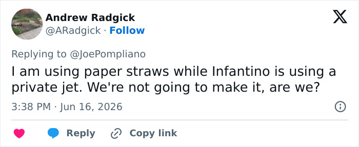 Tweet by Andrew Radgick about World Cup boss's hypocritical act using a private jet while others use paper straws. Tweet by Andrew Radgick about World Cup boss's hypocritical act using a private jet while others use paper straws.