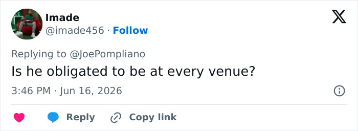 A tweet on X asking if the World Cup boss is obligated to be at every venue. A tweet on X asking if the World Cup boss is obligated to be at every venue.