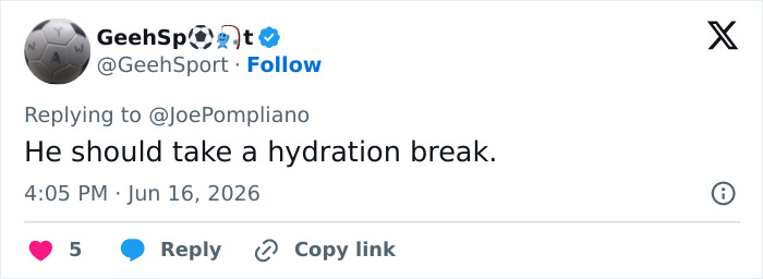 Tweet by GeehSport humorously suggesting the World Cup boss take a hydration break amidst the scandal. Tweet by GeehSport humorously suggesting the World Cup boss take a hydration break amidst the scandal.