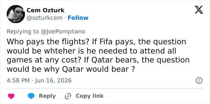 Tweet asking who pays for the World Cup Boss's flights, exposing financial aspects of the soccer scandal. Tweet asking who pays for the World Cup Boss's flights, exposing financial aspects of the soccer scandal.