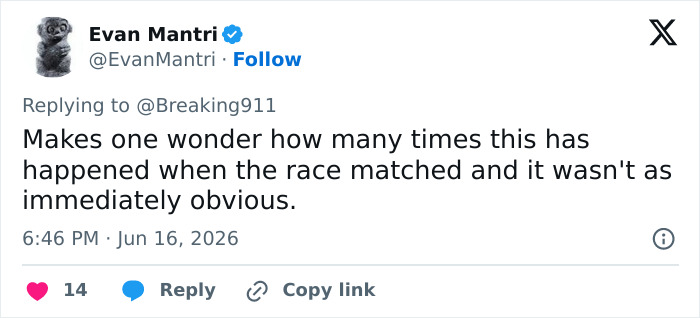 A social media comment wondering about the frequency of IVF mix-ups when race isn't an obvious indicator of a wrong baby. A social media comment wondering about the frequency of IVF mix-ups when race isn't an obvious indicator of a wrong baby.