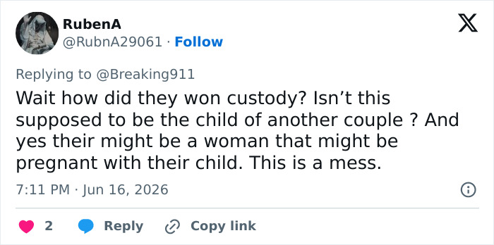 A tweet by RubenA discusses the IVF mix-up and baby custody. A tweet by RubenA discusses the IVF mix-up and baby custody.