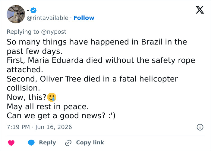Tweet mentioning fatal hiking accident and helicopter collision in Brazil Tweet mentioning fatal hiking accident and helicopter collision in Brazil