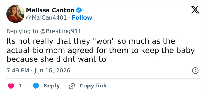 A tweet by Malissa Canton explains that the biological parents agreed to the baby custody. A tweet by Malissa Canton explains that the biological parents agreed to the baby custody.