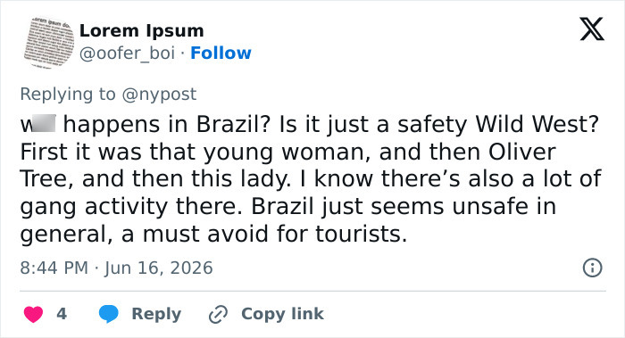 Tweet discussing safety concerns and incidents involving women in Brazil hiking accidents Tweet discussing safety concerns and incidents involving women in Brazil hiking accidents