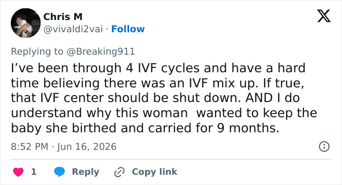 A tweet by Chris M expresses disbelief about the IVF mix-up. A tweet by Chris M expresses disbelief about the IVF mix-up.
