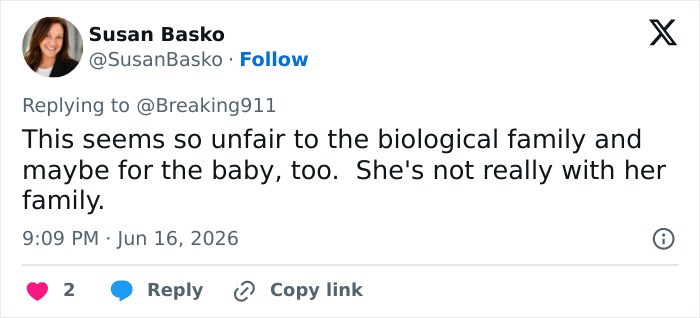 A tweet by Susan Basko calls the IVF mix-up and baby custody unfair to the biological family. A tweet by Susan Basko calls the IVF mix-up and baby custody unfair to the biological family.