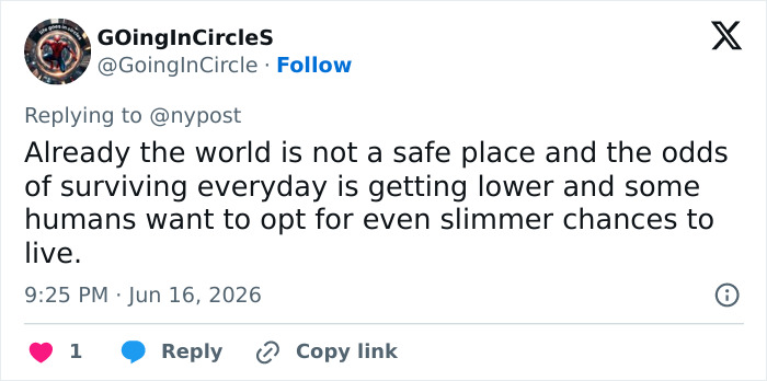 Tweet commenting on unsafe world and slim chances of survival with risky choices Tweet commenting on unsafe world and slim chances of survival with risky choices