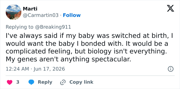 A social media post from Marti expressing a desire to keep a baby bonded with, even if switched, after an IVF mix-up. A social media post from Marti expressing a desire to keep a baby bonded with, even if switched, after an IVF mix-up.