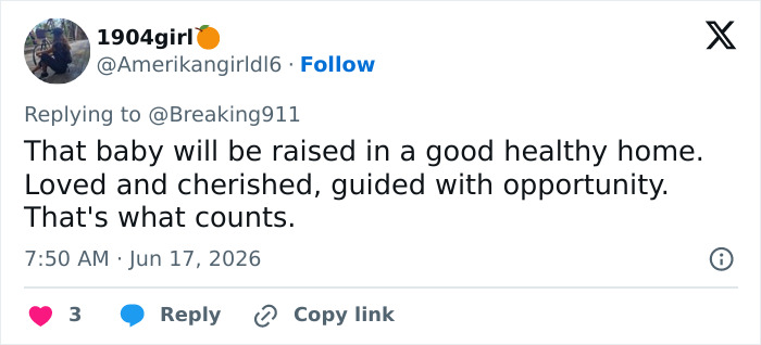 A tweet by 1904girl comments on the baby from the IVF mix-up being raised in a loving home. A tweet by 1904girl comments on the baby from the IVF mix-up being raised in a loving home.