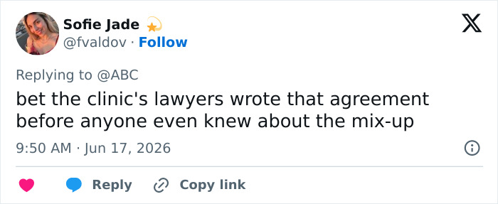 A social media post suggesting lawyers wrote an agreement before the IVF mix-up of the baby was known. A social media post suggesting lawyers wrote an agreement before the IVF mix-up of the baby was known.