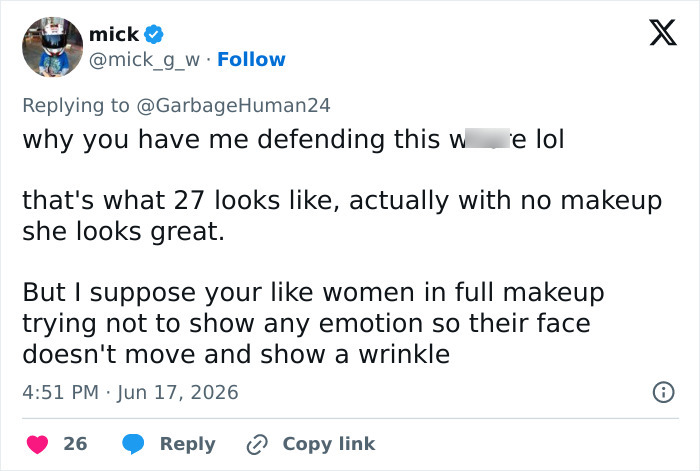 A social media post from Mick defending Bonnie Blue's appearance without makeup and the baby shower scandal. A social media post from Mick defending Bonnie Blue's appearance without makeup and the baby shower scandal.