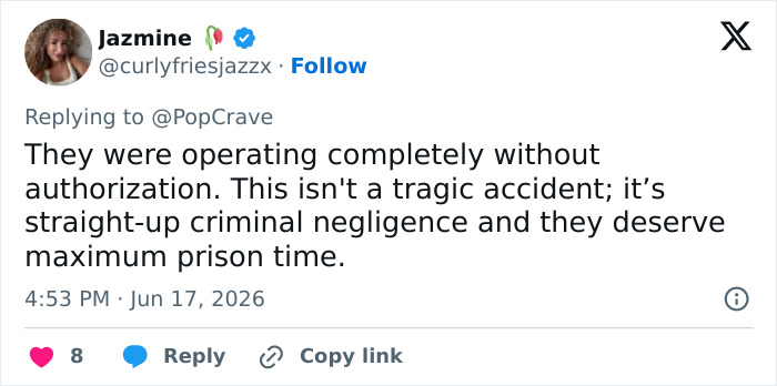 A social media post from 'Jazmine' about a rope jumping tragedy, describing it as criminal negligence. A social media post from 'Jazmine' about a rope jumping tragedy, describing it as criminal negligence.