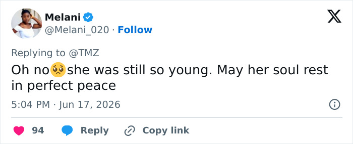 A tweet from Melani expressing sadness about the passing of The Ring and Lilo & Stitch star.