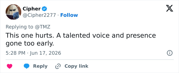 A tweet from Cipher mourning the passing of the talented voice and presence of The Ring and Lilo & Stitch star.