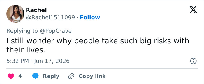 A social media post from 'Rachel' about a rope jumping tragedy, questioning the risks people take with their lives. A social media post from 'Rachel' about a rope jumping tragedy, questioning the risks people take with their lives.