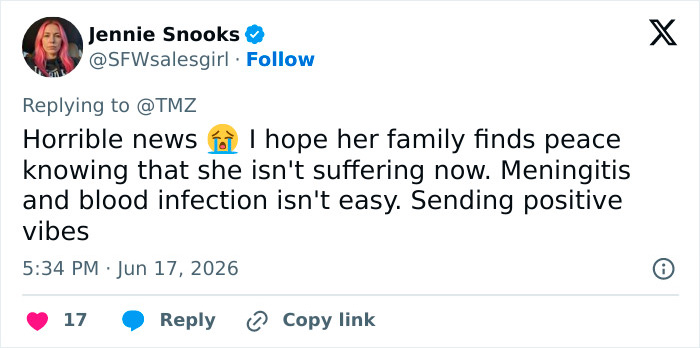 Twitter user sending positive vibes to Daveigh Chase's family after her passing away at 35.