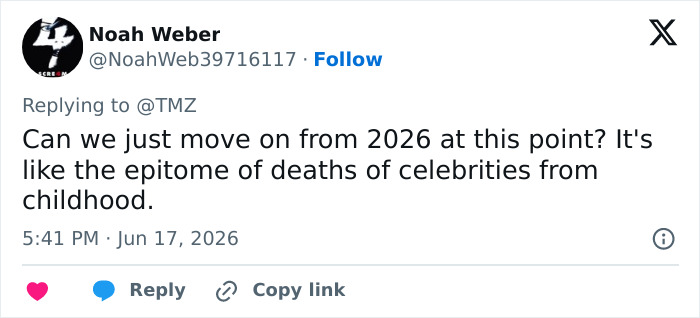 Tweet lamenting multiple celebrity deaths in 2026, including the star of The Ring and Lilo & Stitch.