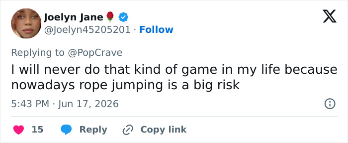 Screenshot of a tweet by Joelyn Jane stating rope jumping is a big risk, concerning the rope jumping tragedy. Screenshot of a tweet by Joelyn Jane stating rope jumping is a big risk, concerning the rope jumping tragedy.