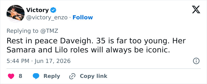 Tweet expressing sorrow for the passing of the star of The Ring and Lilo & Stitch at 35.