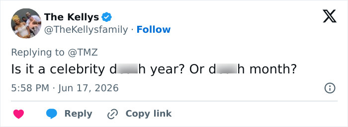 A tweet from The Kellys asking if it is a celebrity passing year or month, after the passing of The Ring and Lilo & Stitch star.