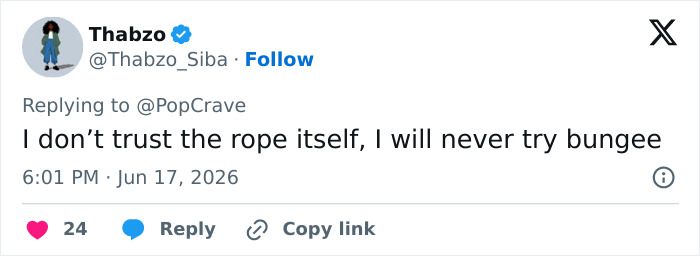 Screenshot of a tweet by Thabzo about not trusting the rope and avoiding bungee, related to the rope jumping tragedy. Screenshot of a tweet by Thabzo about not trusting the rope and avoiding bungee, related to the rope jumping tragedy.