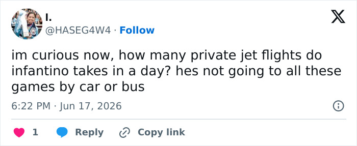 Tweet questioning the World Cup Boss's private jet flights and travel hypocrisy, revealing a soccer scandal. Tweet questioning the World Cup Boss's private jet flights and travel hypocrisy, revealing a soccer scandal.