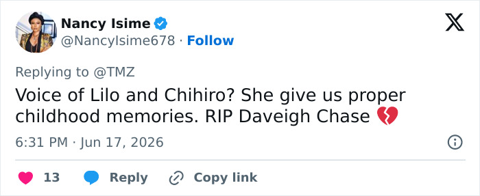 A tweet from Nancy Isime remembering the voice of Lilo & Stitch and The Ring star, Daveigh Chase, and her passing.