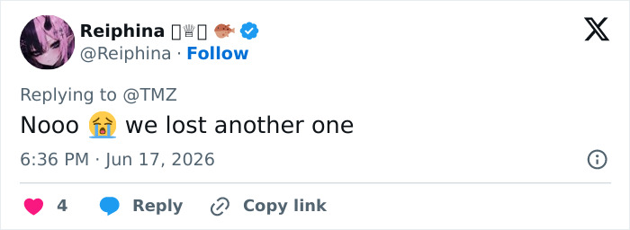 Tweet expressing sadness over the d***h of a celebrity.