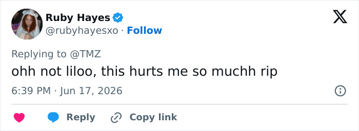 Tweet mourning the d***h of the Lilo & Stitch star.