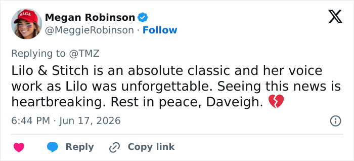 Tweet lamenting the passing of the Lilo & Stitch star and voice of Lilo.