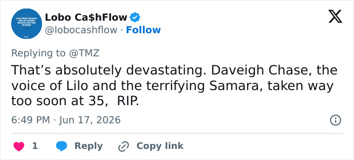 Tweet about the devastating passing of the star of The Ring and Lilo & Stitch at 35.