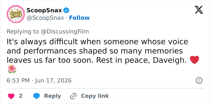 A tweet mourning the Lilo & Stitch actress Daveigh Chase and her impact on many memories. A tweet mourning the Lilo & Stitch actress Daveigh Chase and her impact on many memories.