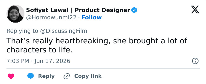 Screenshot of a tweet from Sofiyat Lawal, a product designer, expressing a heartbreaking sentiment about the actress Daveigh Chase. Screenshot of a tweet from Sofiyat Lawal, a product designer, expressing a heartbreaking sentiment about the actress Daveigh Chase.