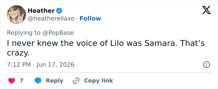 Tweet expressing surprise about Lilo & Stitch actress Daveigh Chase also voicing Samara. Tweet expressing surprise about Lilo & Stitch actress Daveigh Chase also voicing Samara.