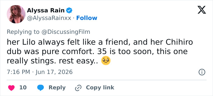 A tweet about the Lilo & Stitch actress Daveigh Chase passing away too soon. A tweet about the Lilo & Stitch actress Daveigh Chase passing away too soon.