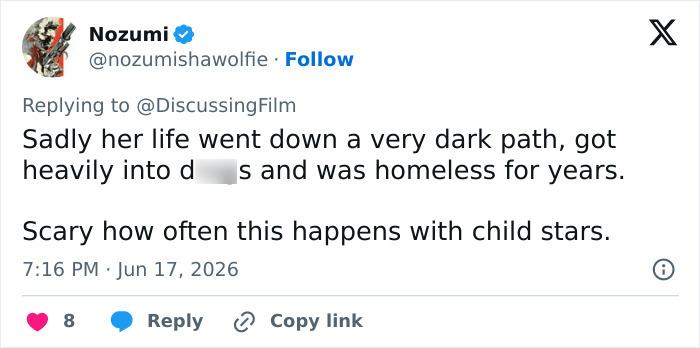 A tweet mentioning the tragic passing of Lilo & Stitch actress Daveigh Chase and her struggles on Skid Row. A tweet mentioning the tragic passing of Lilo & Stitch actress Daveigh Chase and her struggles on Skid Row.