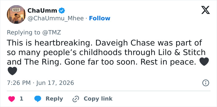Twitter user expressing heartbreak for Daveigh Chase passing away after her roles in Lilo & Stitch and The Ring.