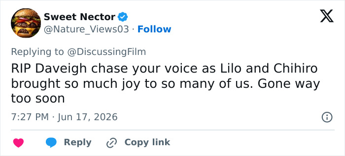 Daveigh Chase wasting away on Skid Row. User expresses sorrow, praising her voice as Lilo and Chihiro after tragic passing. Daveigh Chase wasting away on Skid Row. User expresses sorrow, praising her voice as Lilo and Chihiro after tragic passing.