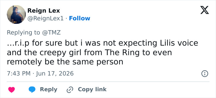 Tweet referencing the d***h of the Lilo & Stitch star and The Ring actress at 35.
